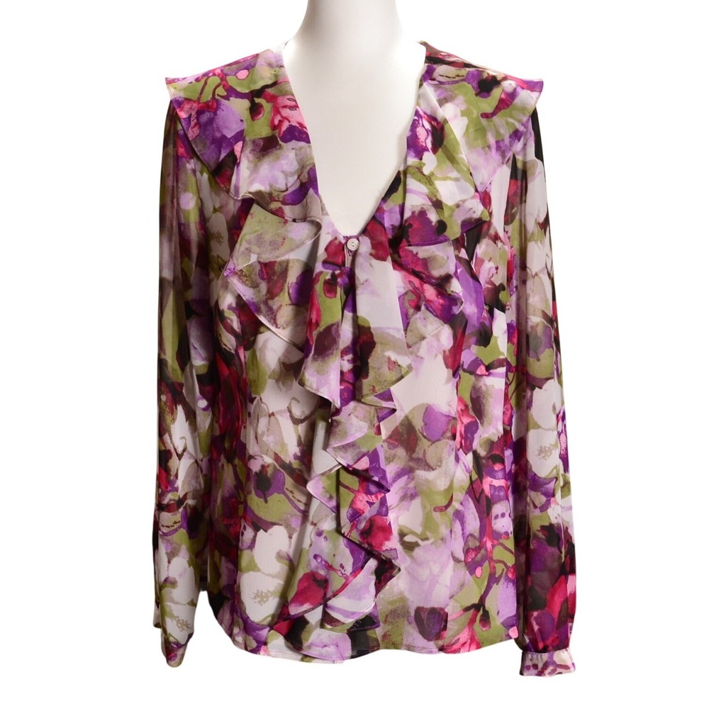 Sheer Women's‎ Floral Ruffle Blouse Sheer Long Sleeve V Neck Romantic Top